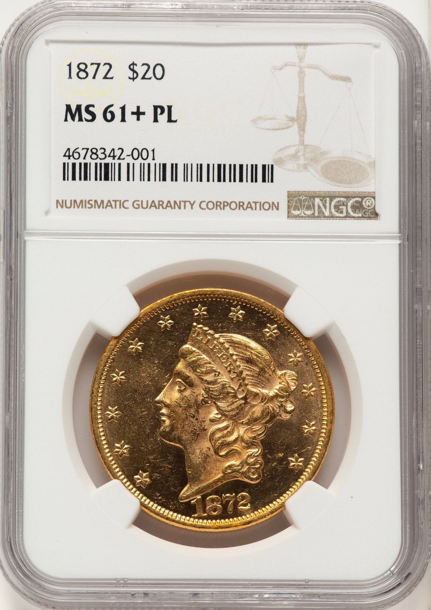 1872 $20 PL Brown Label Liberty Double Eagle NGC MS61+
