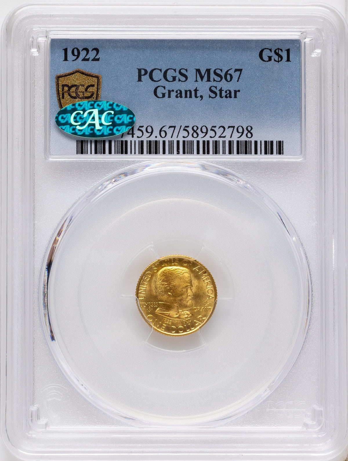 1922 G$1 Grant With Star CAC Commemorative Gold PCGS MS67