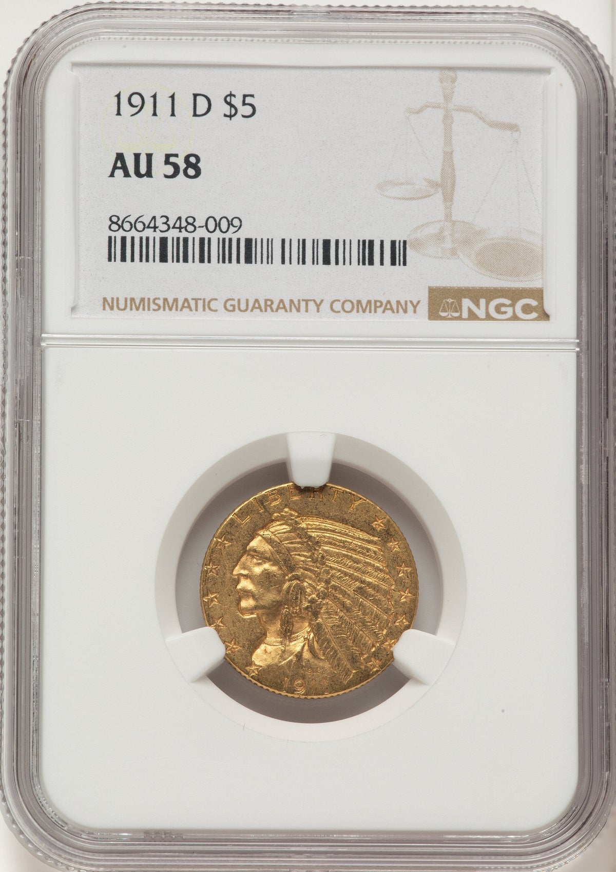 1911-D $5 Indian Half Eagle NGC AU58