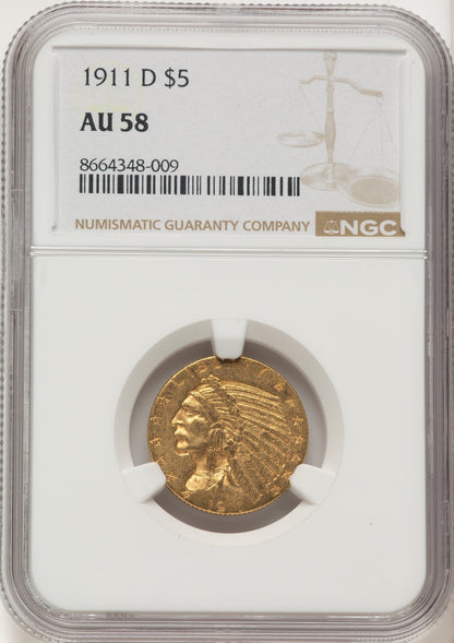 1911-D $5 Indian Half Eagle NGC AU58