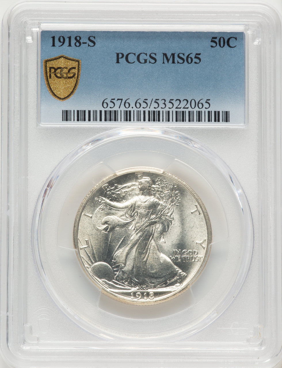 1918-S 50C Walking Liberty Half Dollar PCGS MS65
