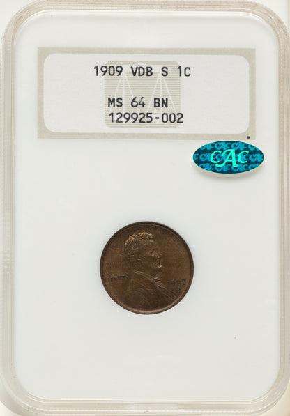 1909-S 1C VDB BN CAC Lincoln Cent NGC MS64