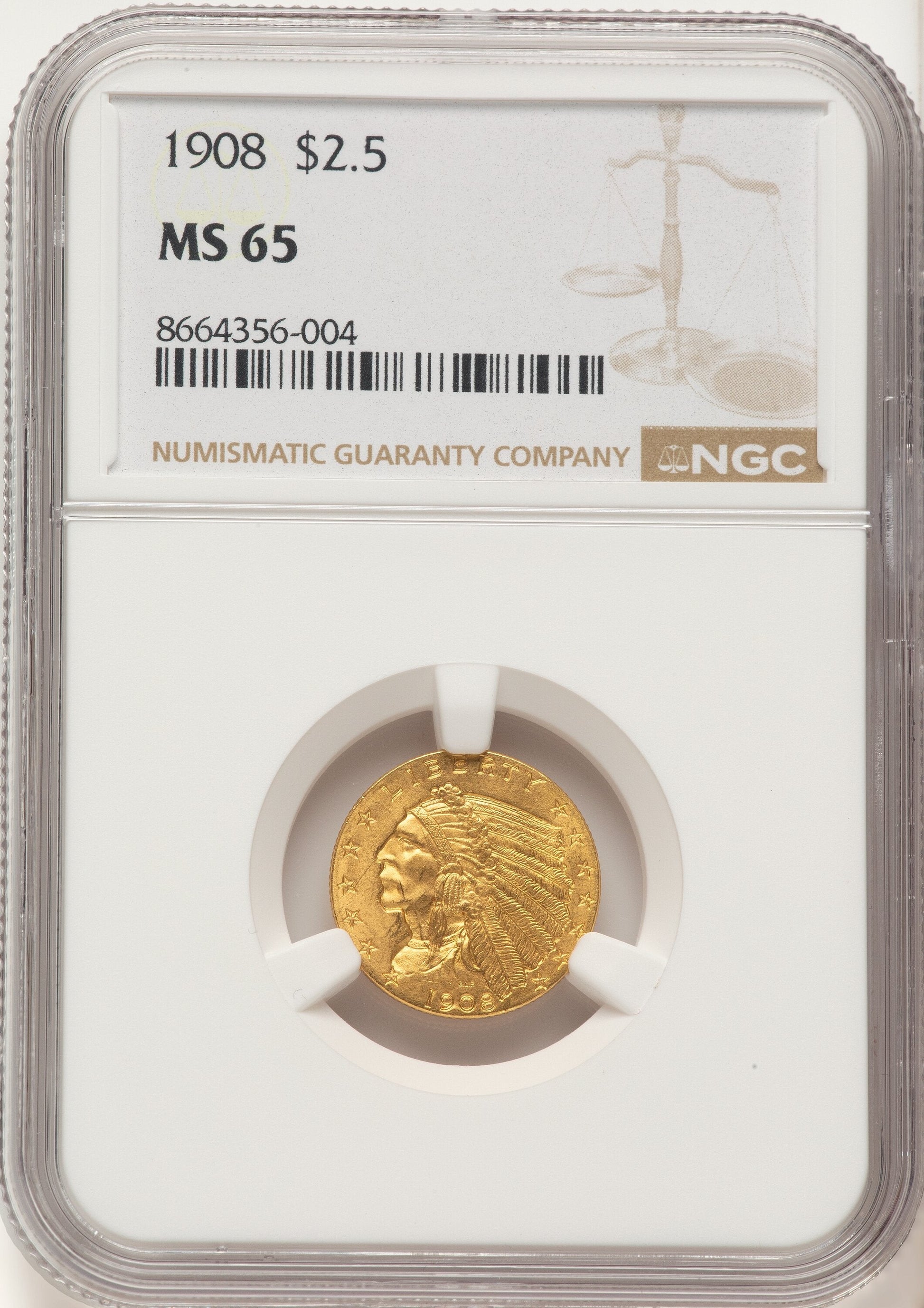 1908 $2.50 Indian Quarter Eagle NGC MS65