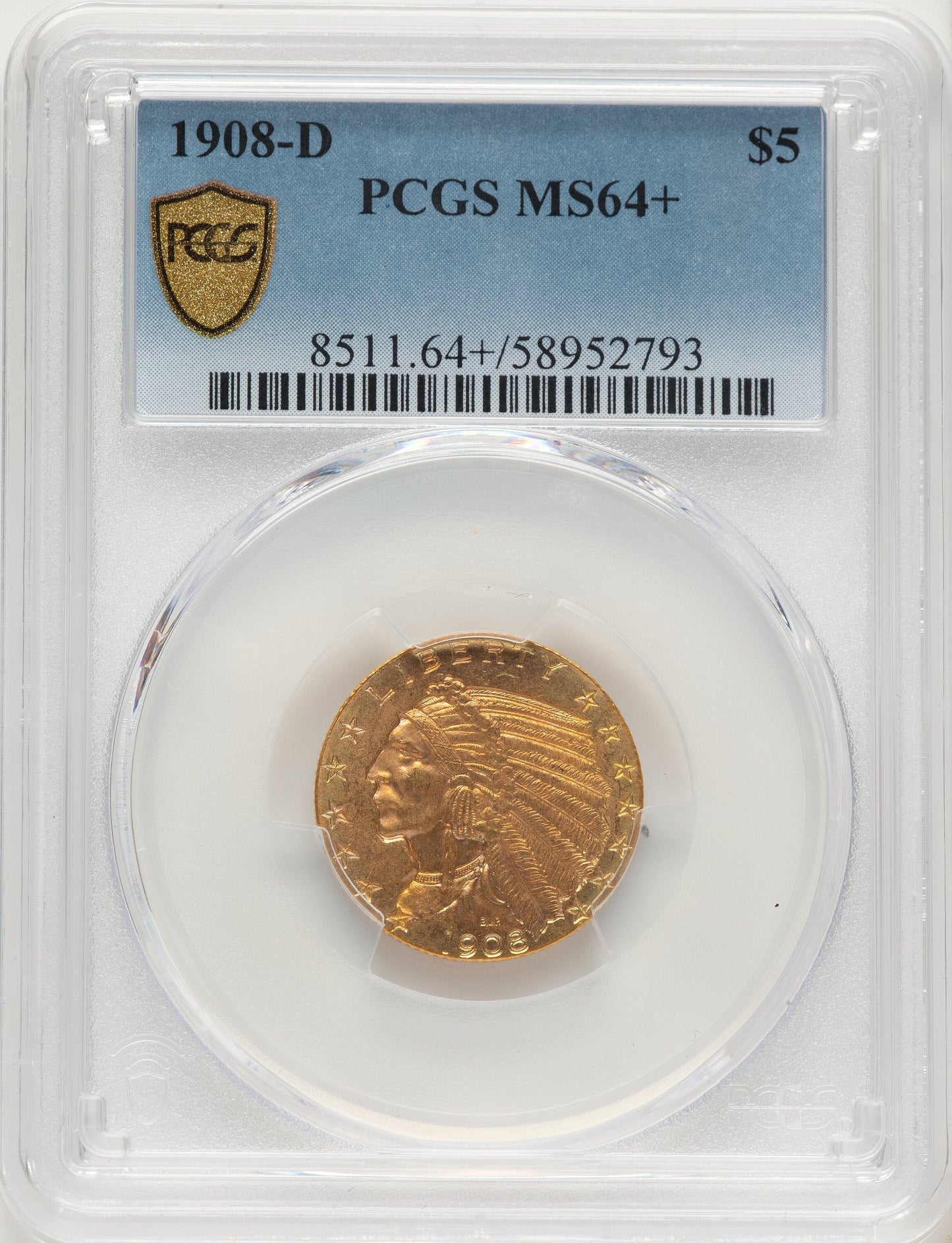 1908-D $5 Indian Half Eagle PCGS MS64+