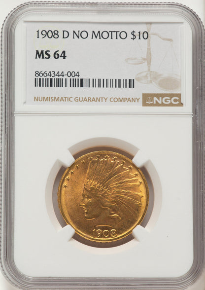 1908-D $10 NO MOTTO Indian Eagle NGC MS64