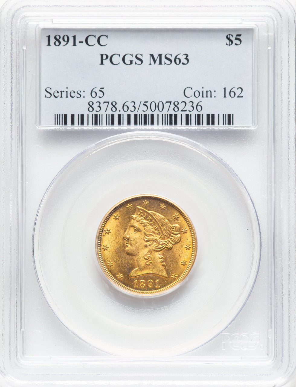1891-CC $5 Liberty Half Eagle PCGS MS63