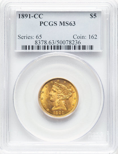 1891-CC $5 Liberty Half Eagle PCGS MS63