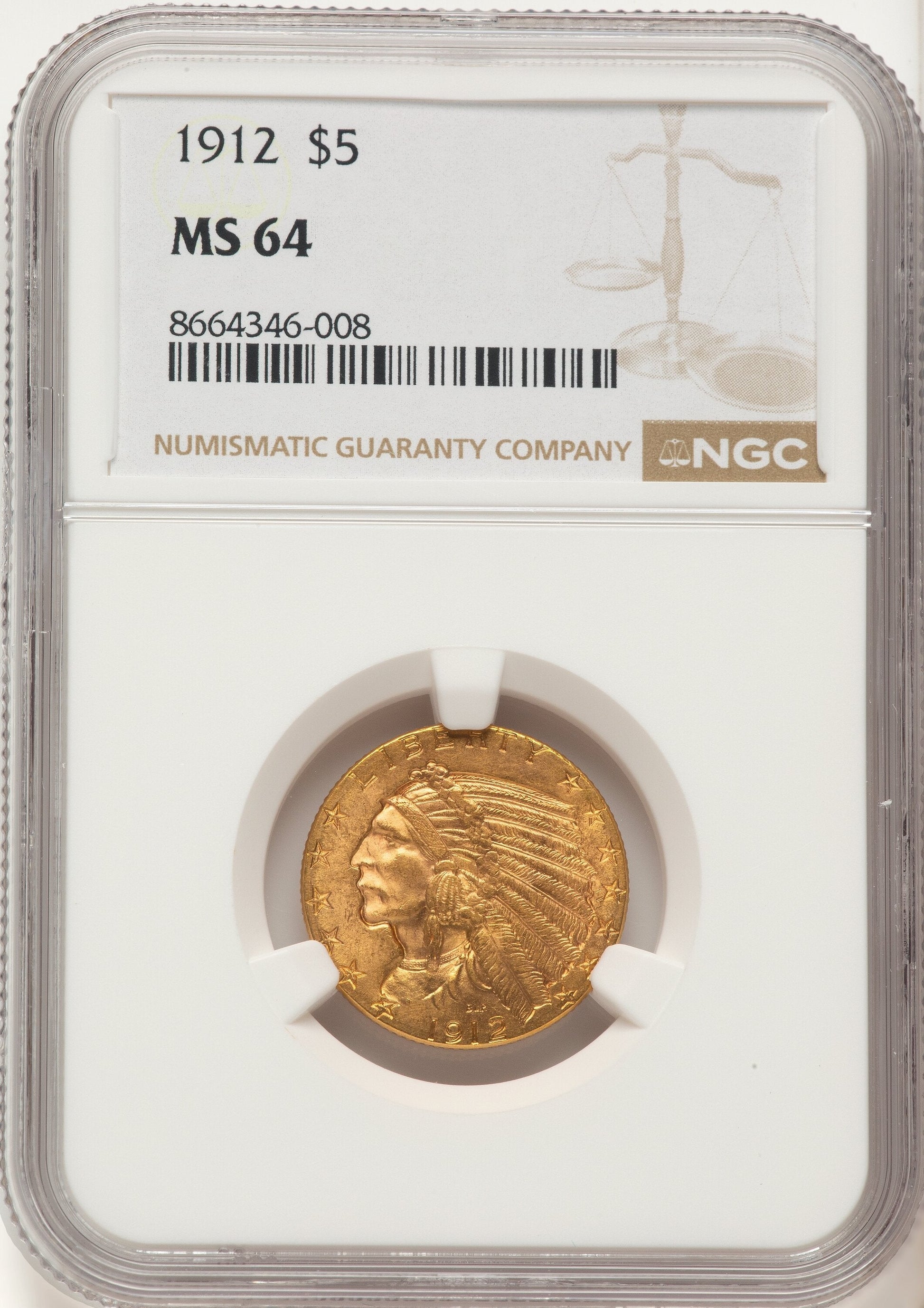 1912 $5 Indian Half Eagle NGC MS64
