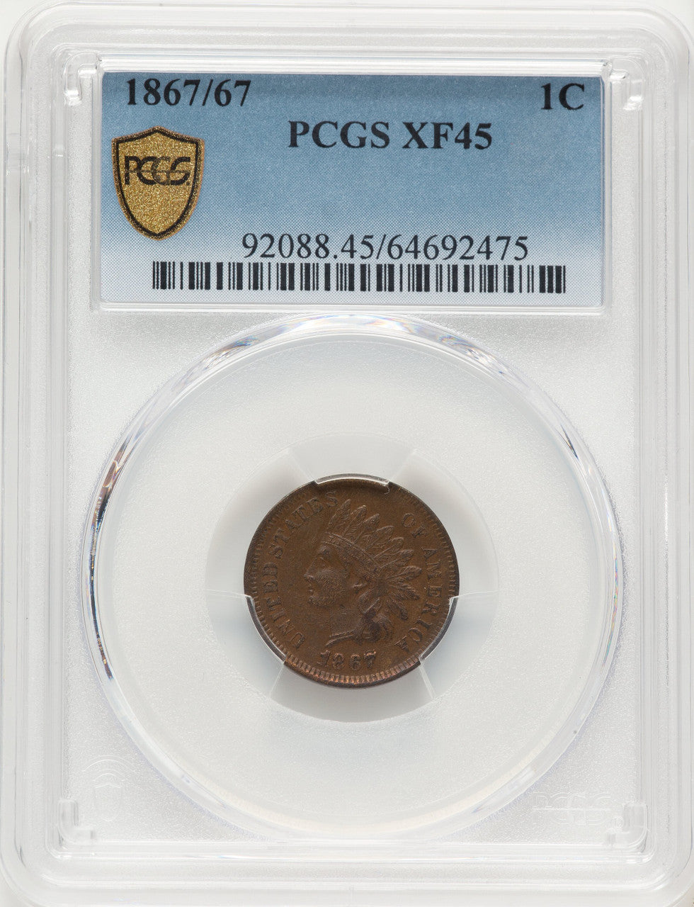 1867/67 1C BN Indian Cent PCGS XF45
