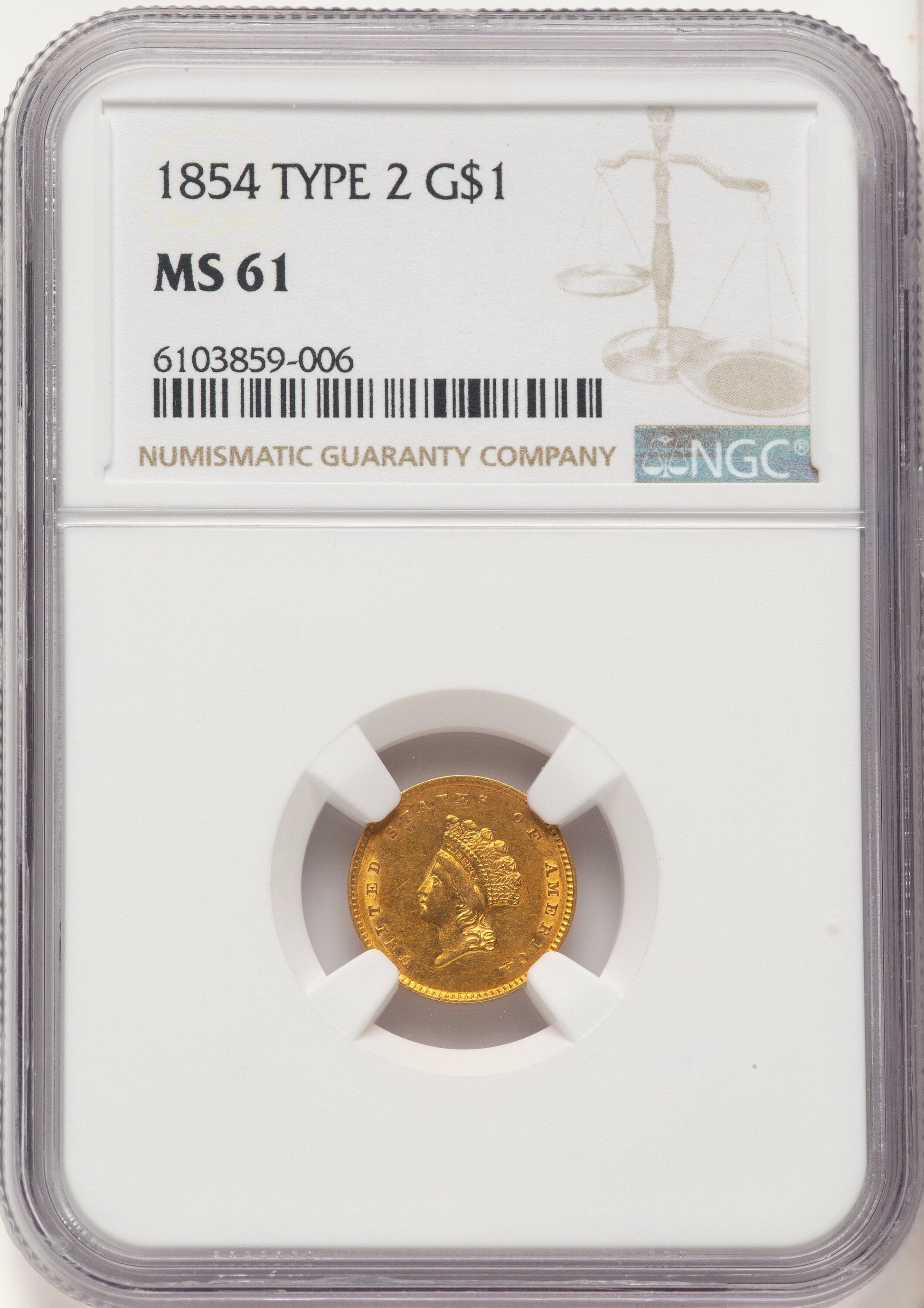 1854 G$1 Type Two Gold Dollar NGC MS61