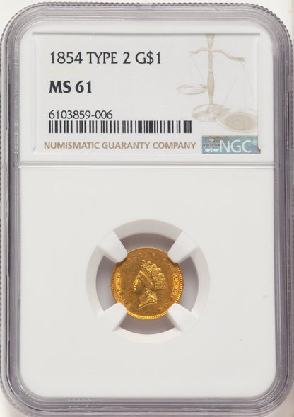 1854 G$1 Type Two Gold Dollar NGC MS61
