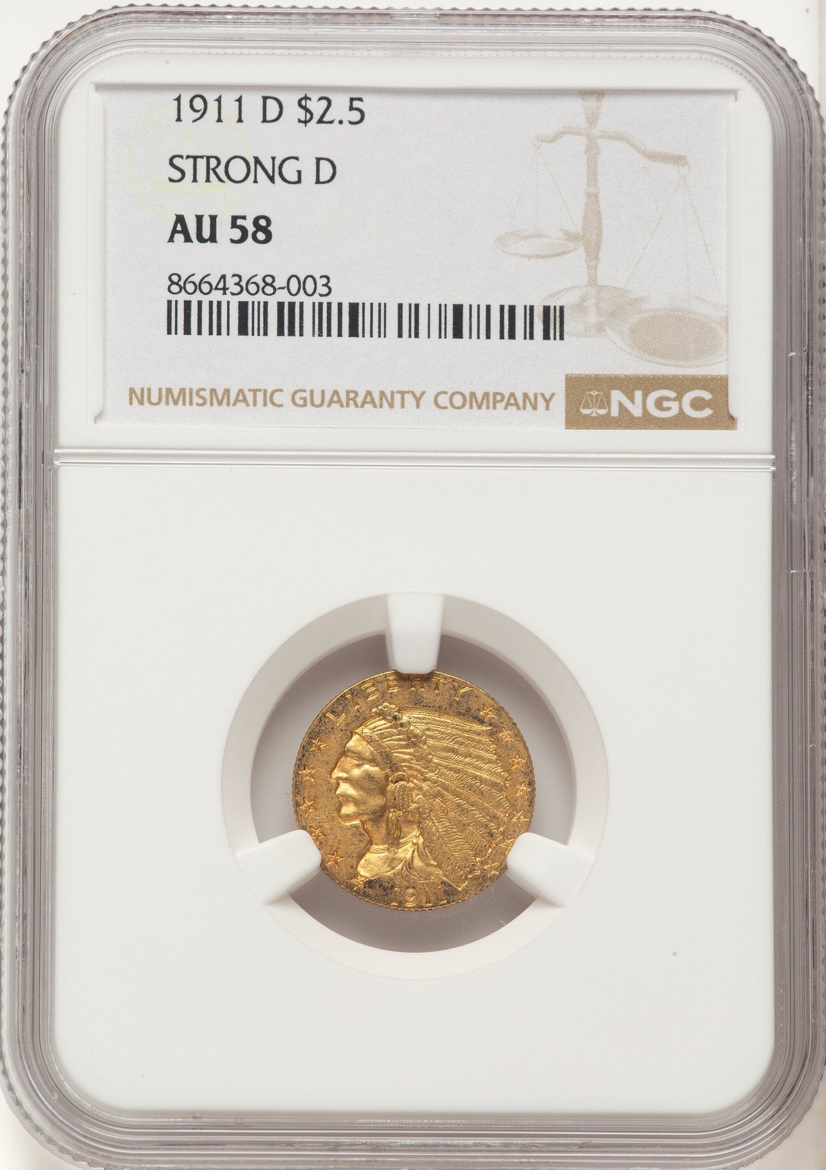 1911-D $2.50 Indian Quarter Eagle NGC AU58