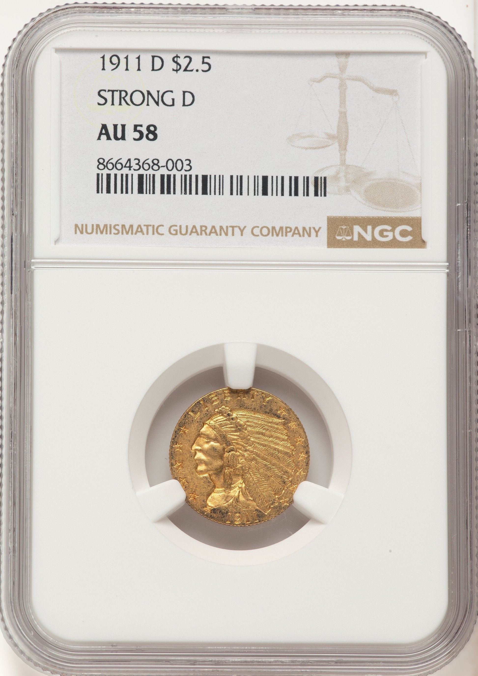 1911-D $2.50 Indian Quarter Eagle NGC AU58