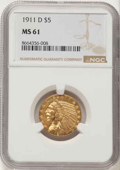 1911-D $5 Indian Half Eagle NGC MS61