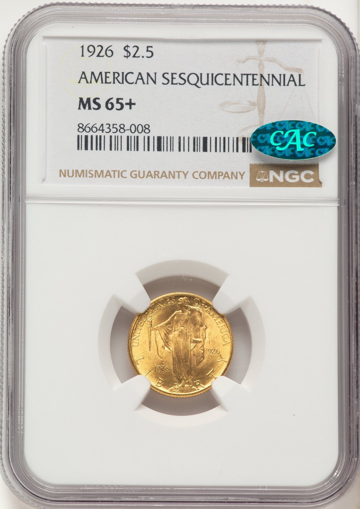 1926 $2.50 SESQUI CAC Commemorative Gold NGC MS65+