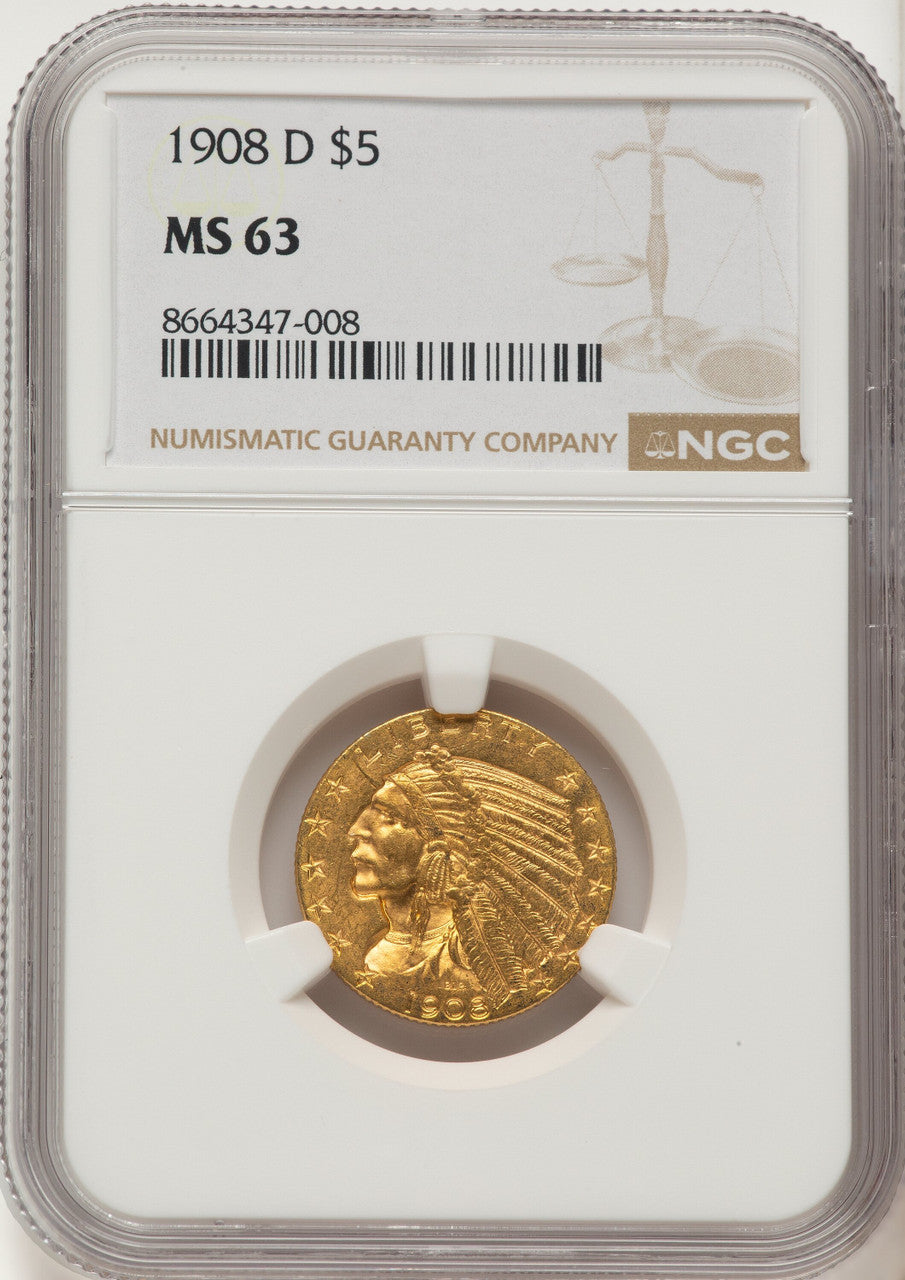 1908-D $5 Indian Half Eagle NGC MS63