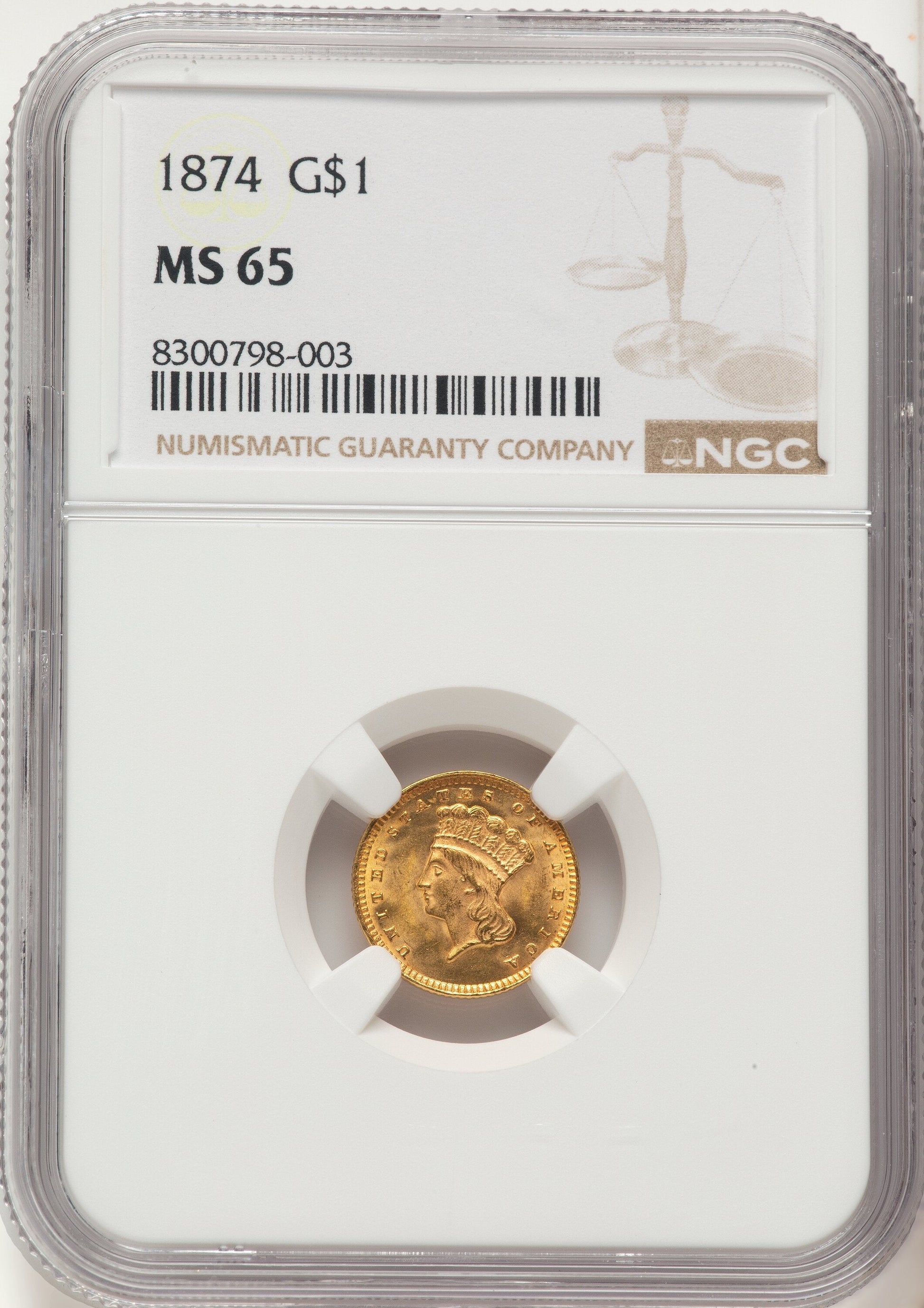 1874 G$1 Gold Dollar NGC MS65