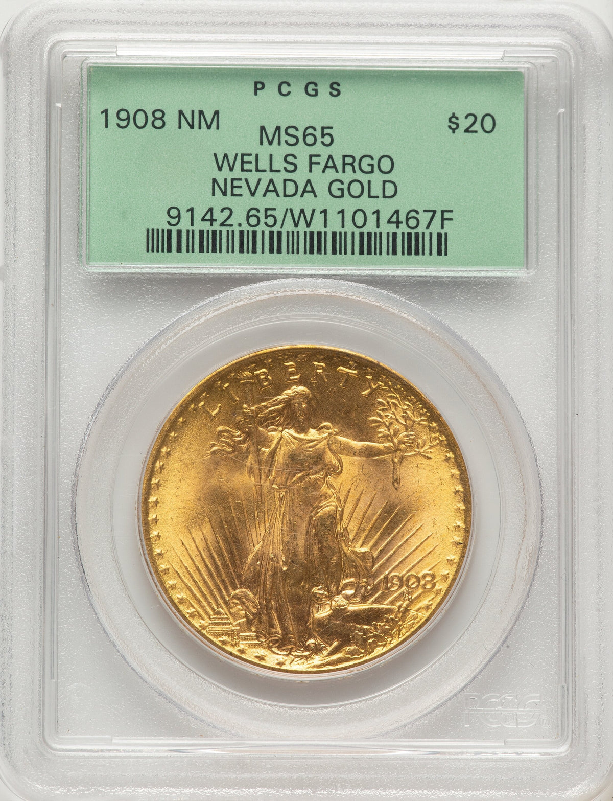 1908 $20 NO MOTTO Saint-Gaudens Double Eagle PCGS MS65