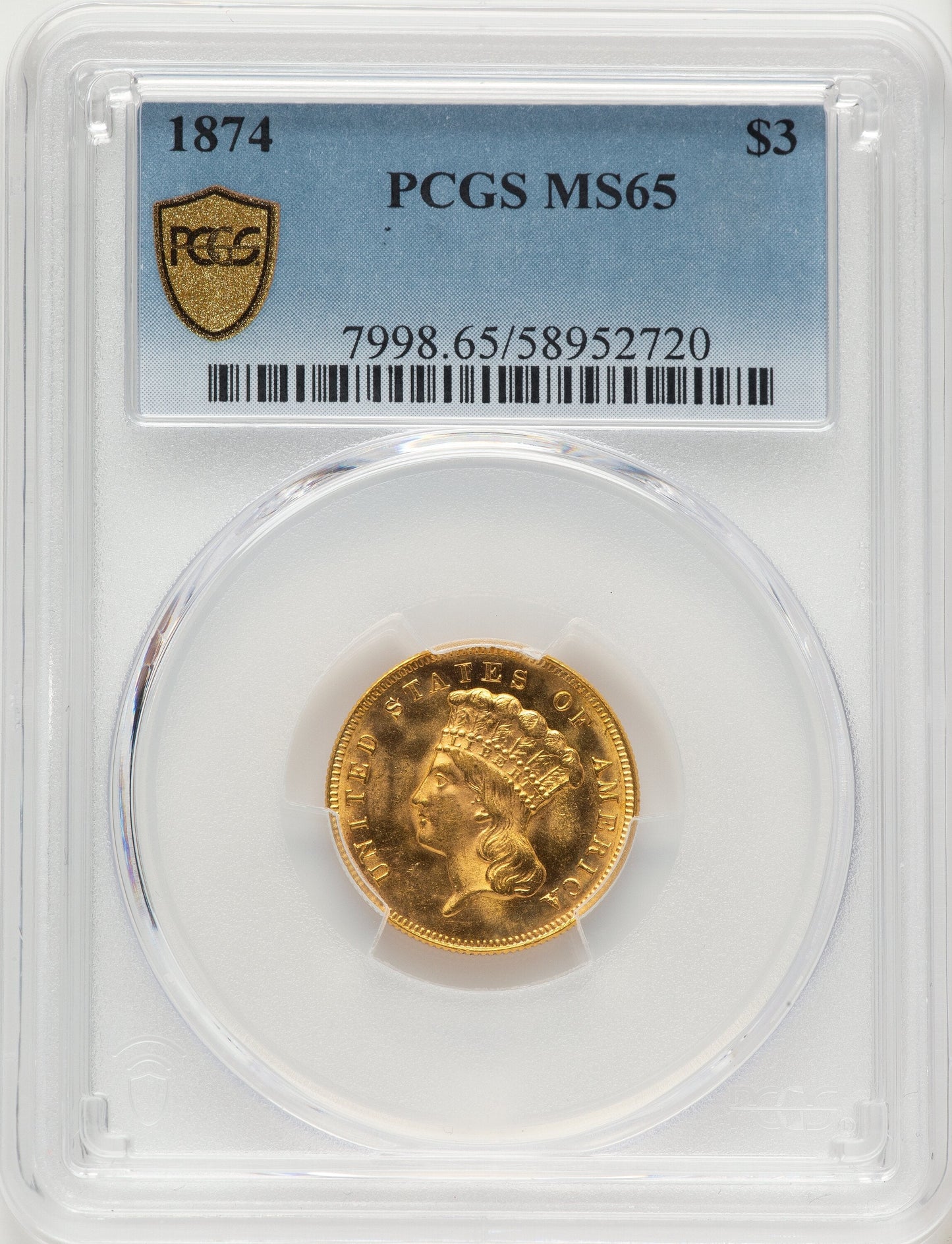 1874 $3 Three Dollar Gold Pieces PCGS MS65