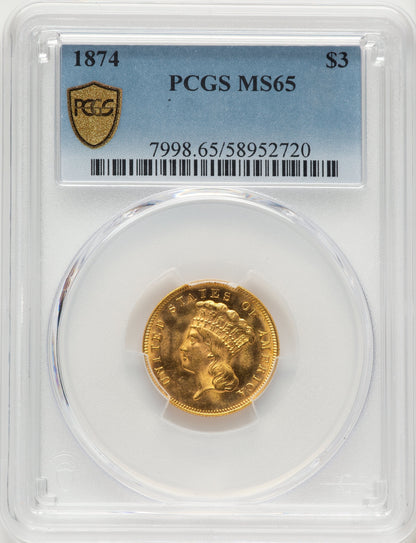 1874 $3 Three Dollar Gold Pieces PCGS MS65