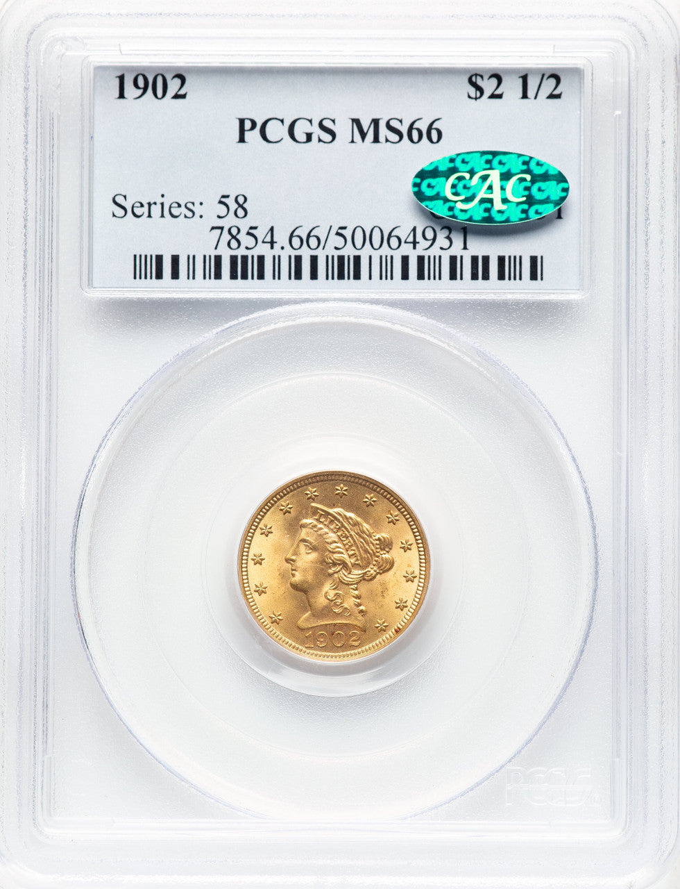 1902 $2.50 CAC Liberty Quarter Eagle PCGS MS66