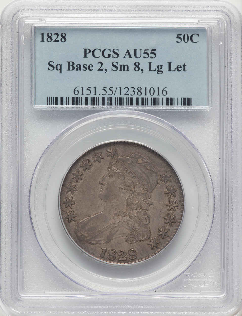 1828 50C Sq Base 2 Sm 8 Lg Let Bust Half Dollar PCGS AU55