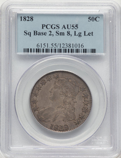 1828 50C Sq Base 2 Sm 8 Lg Let Bust Half Dollar PCGS AU55