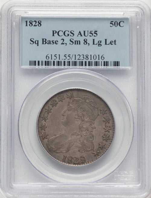 1828 50C Sq Base 2 Sm 8 Lg Let Bust Half Dollar PCGS AU55