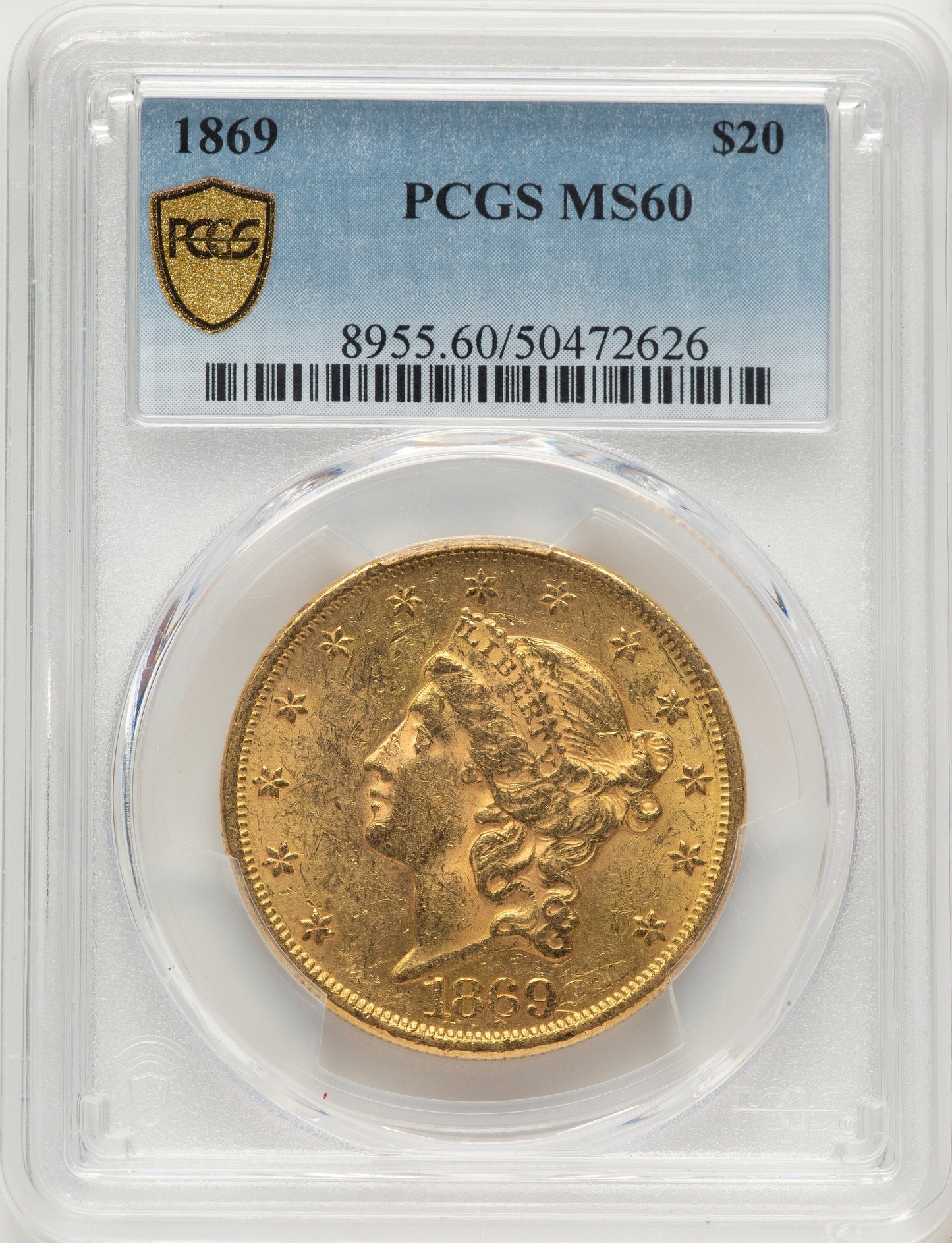 1869 $20 Liberty Double Eagle PCGS MS60
