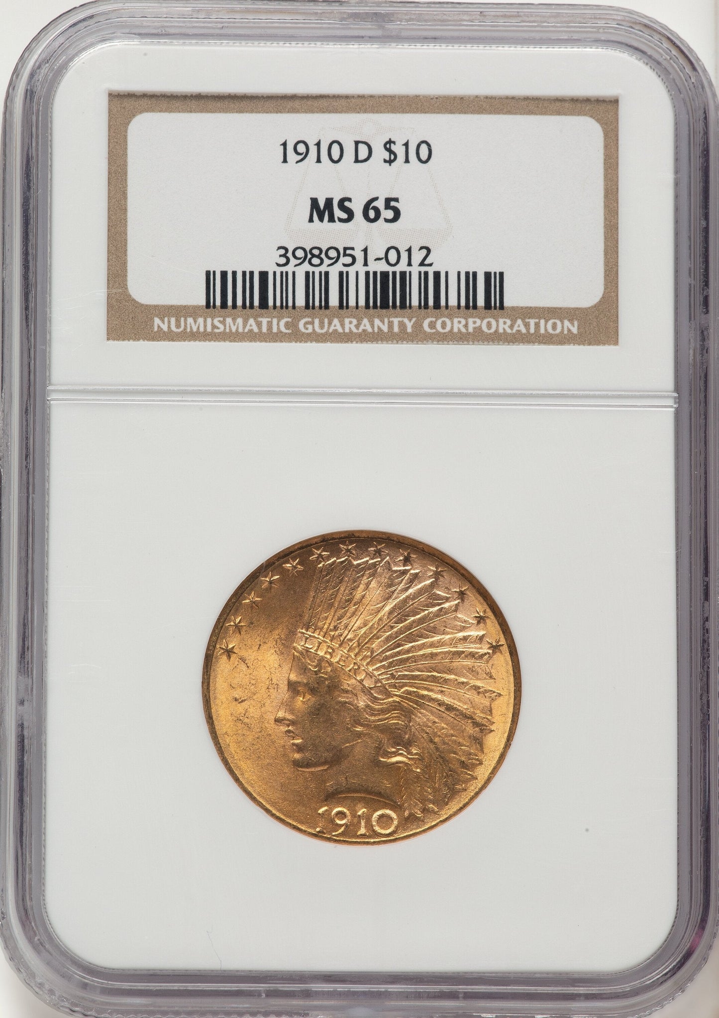 1910-D $10 Indian Eagle NGC MS65