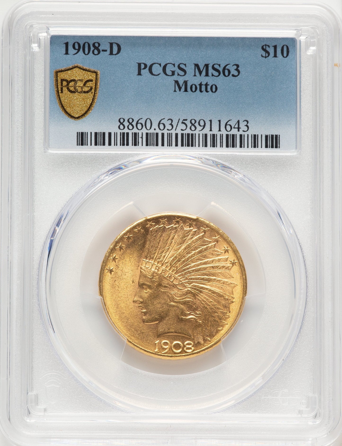 1908-D $10 MOTTO Indian Eagle PCGS MS63