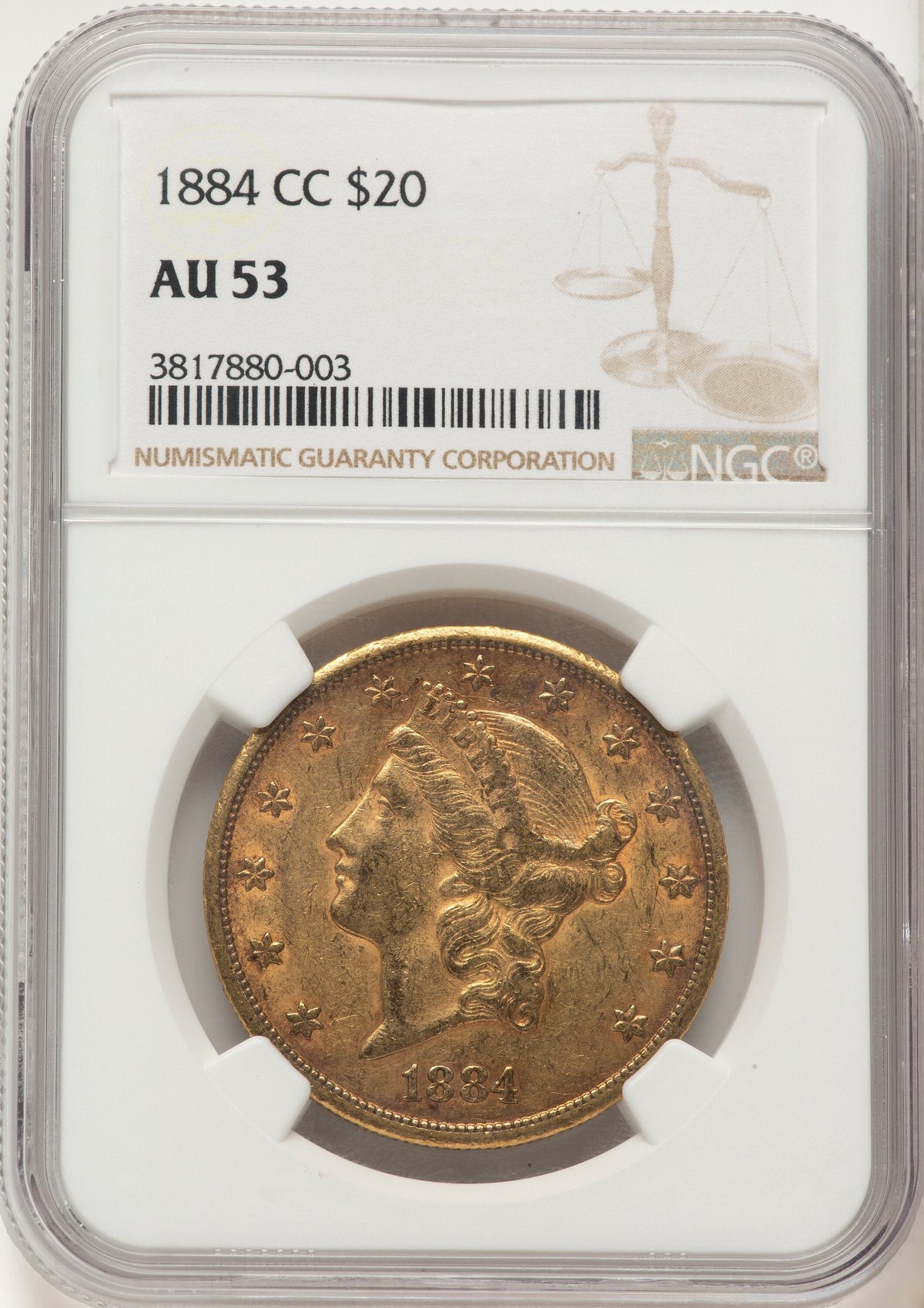 1884-CC $20 Brown Label Liberty Double Eagle NGC AU53