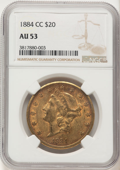 1884-CC $20 Brown Label Liberty Double Eagle NGC AU53