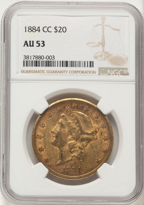 1884-CC $20 Brown Label Liberty Double Eagle NGC AU53