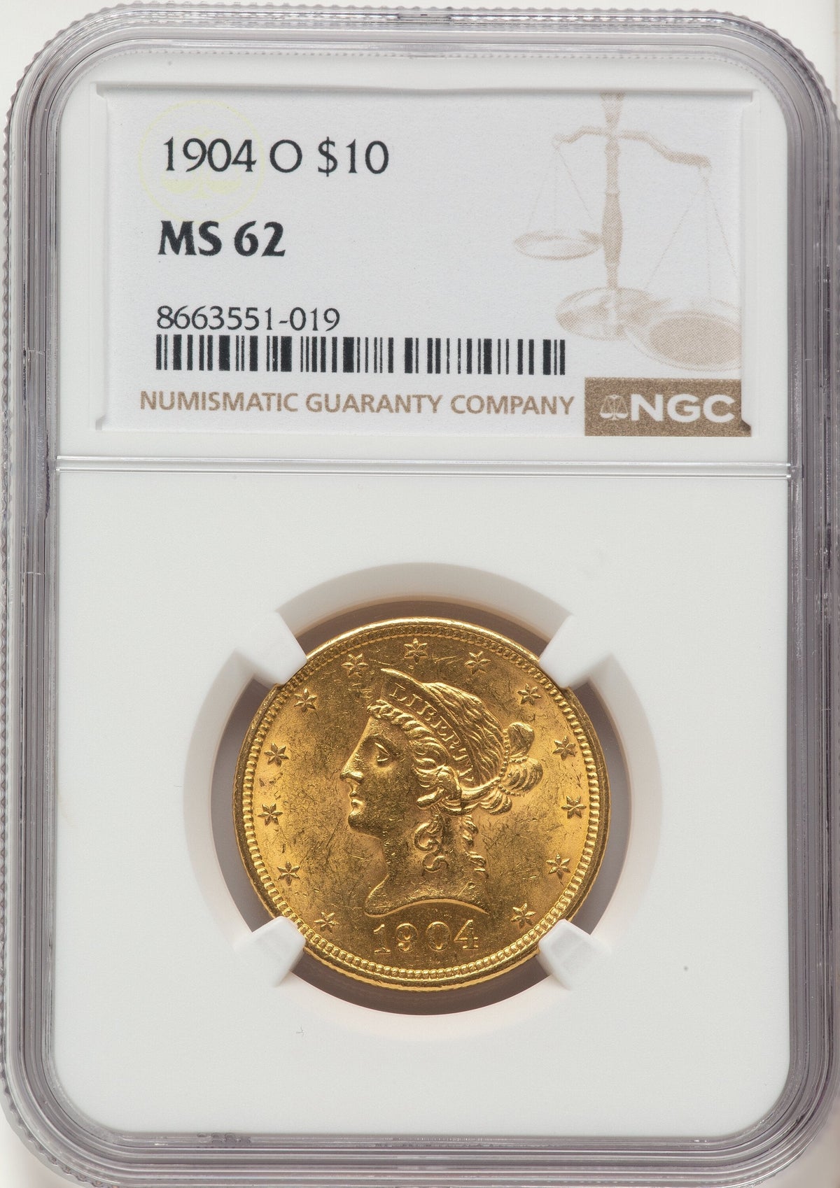 1904-O $10 Brown Label Liberty Eagle NGC MS62