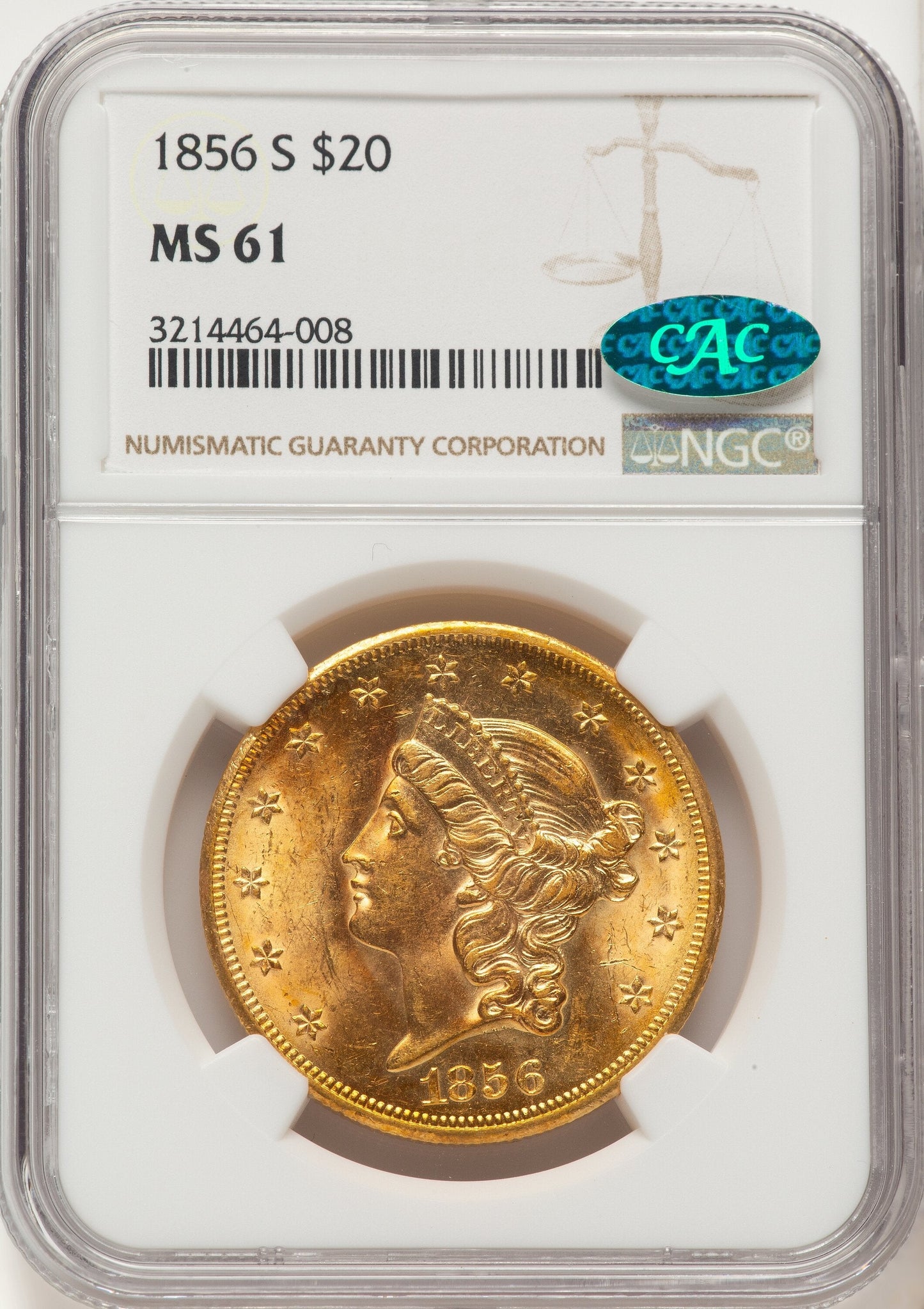 1856-S $20 CAC Liberty Double Eagle NGC MS61