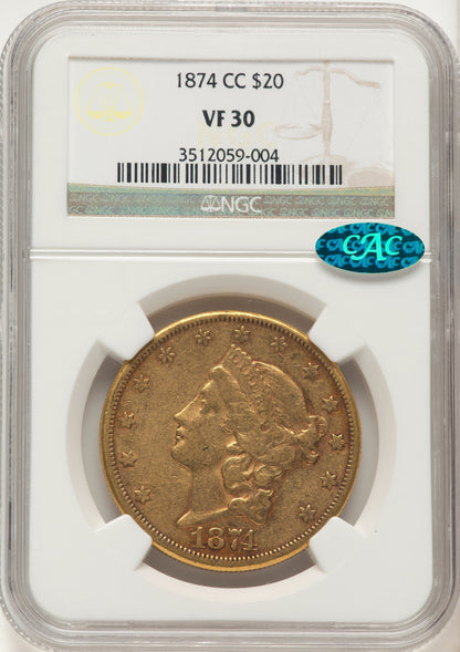 1874-CC $20 CAC Liberty Double Eagle NGC VF30