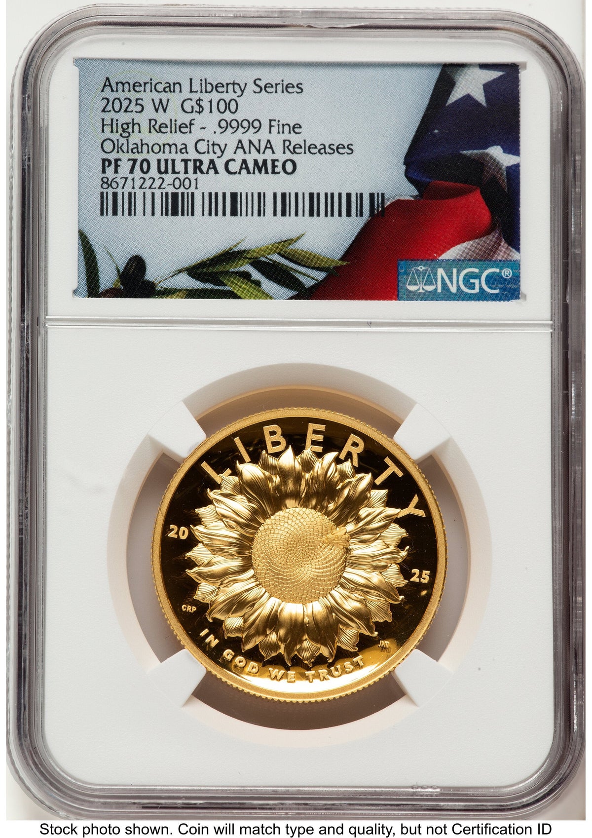 2025-W G$100 American Liberty High Relief Oklahoma City ANA Bunting Flag NGC PF70