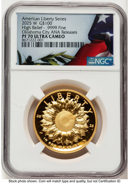 2025-W G$100 American Liberty High Relief Oklahoma City ANA Bunting Flag NGC PF70