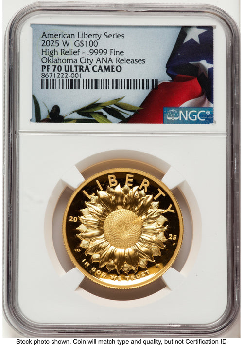 2025-W G$100 American Liberty High Relief Oklahoma City ANA Bunting Flag NGC PF70