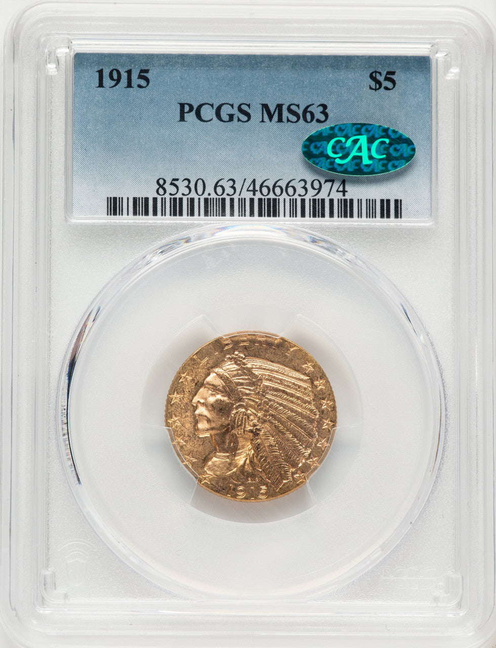 1915 $5 CAC Blue Gradient Indian Half Eagle PCGS MS63