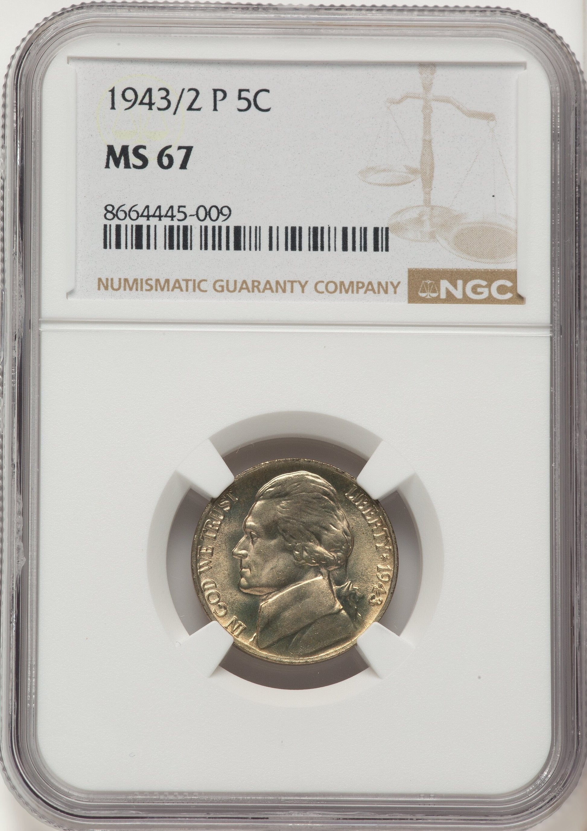1943/2-P 5C Jefferson Nickel NGC MS67