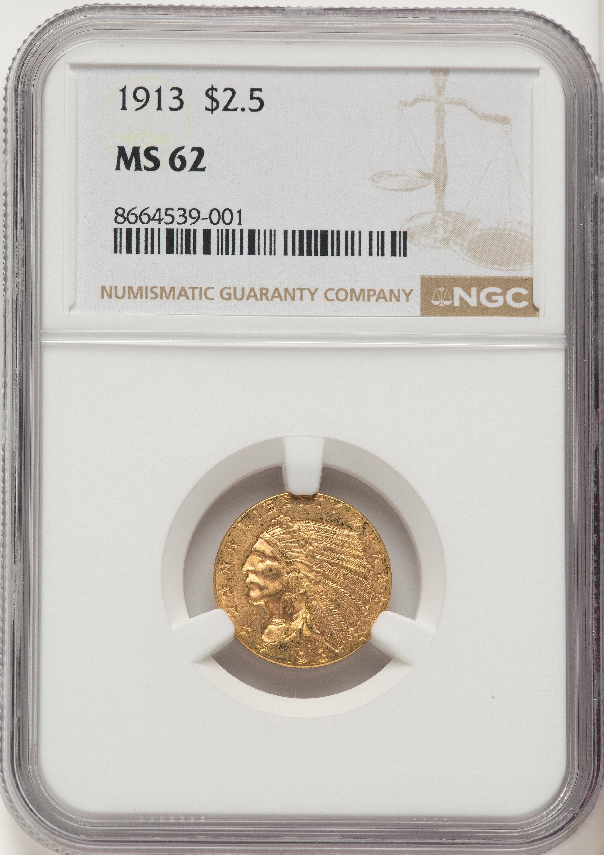 1913 $2.50 Indian Quarter Eagle NGC MS62