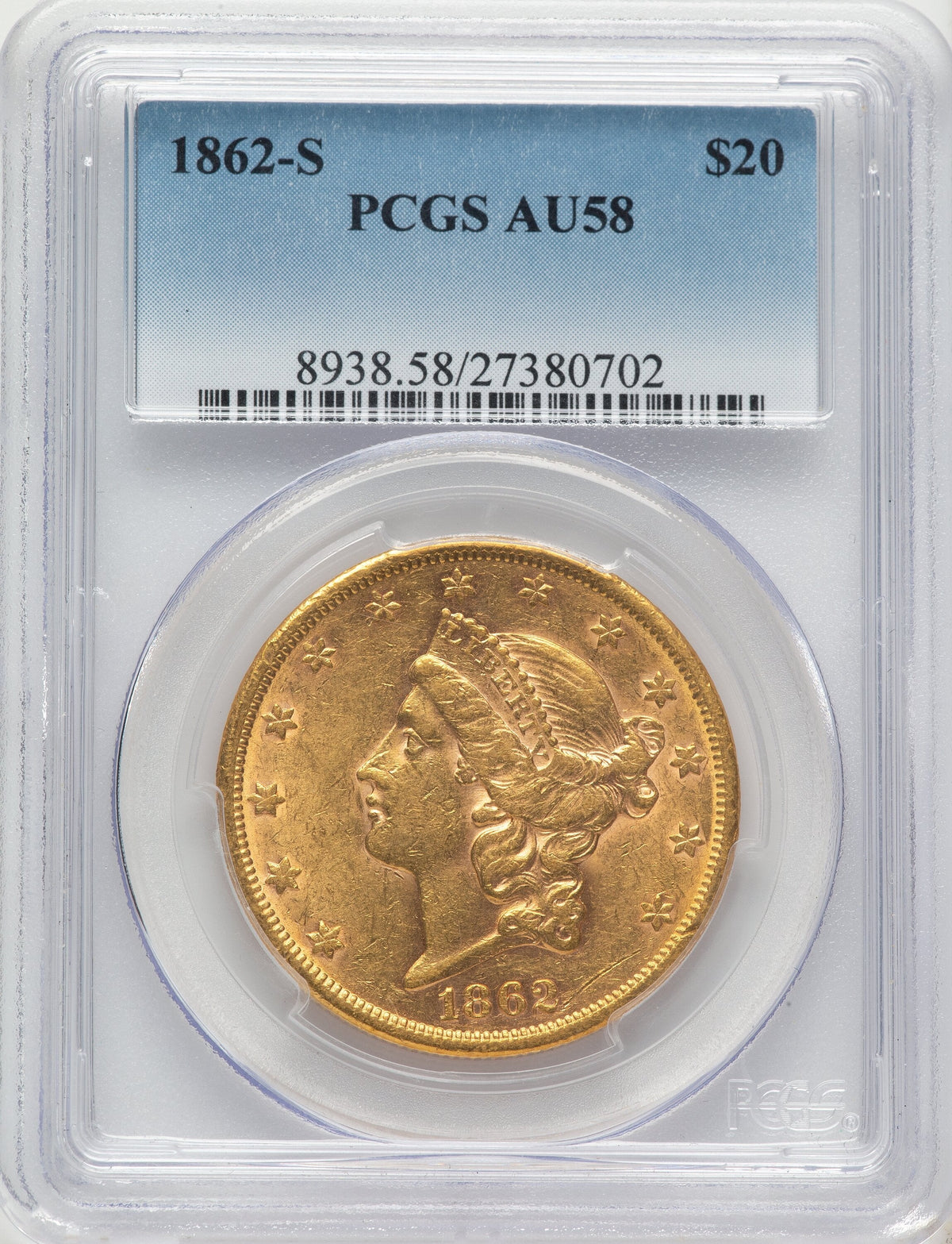 1862-S $20 Blue Gradient Liberty Double Eagle PCGS AU58