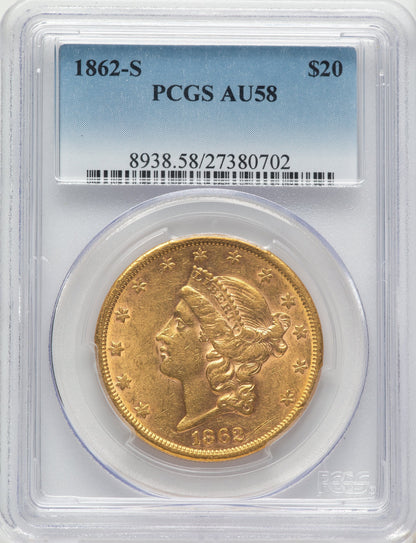 1862-S $20 Blue Gradient Liberty Double Eagle PCGS AU58