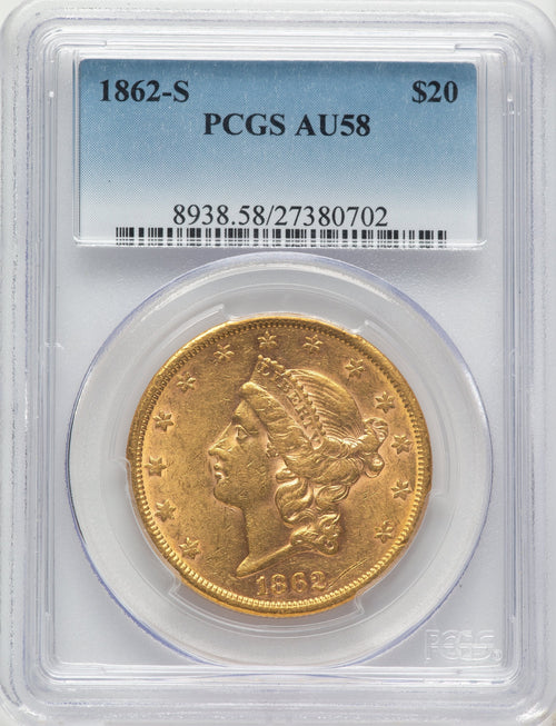 1862-S $20 Blue Gradient Liberty Double Eagle PCGS AU58