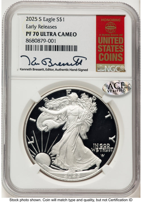 2025-S Proof Silver Eagle 1 oz ER Kenneth Bressett Red Book NGC PF70