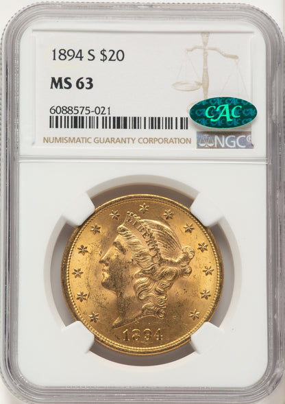 1894-S $20 CAC Liberty Double Eagle NGC MS63