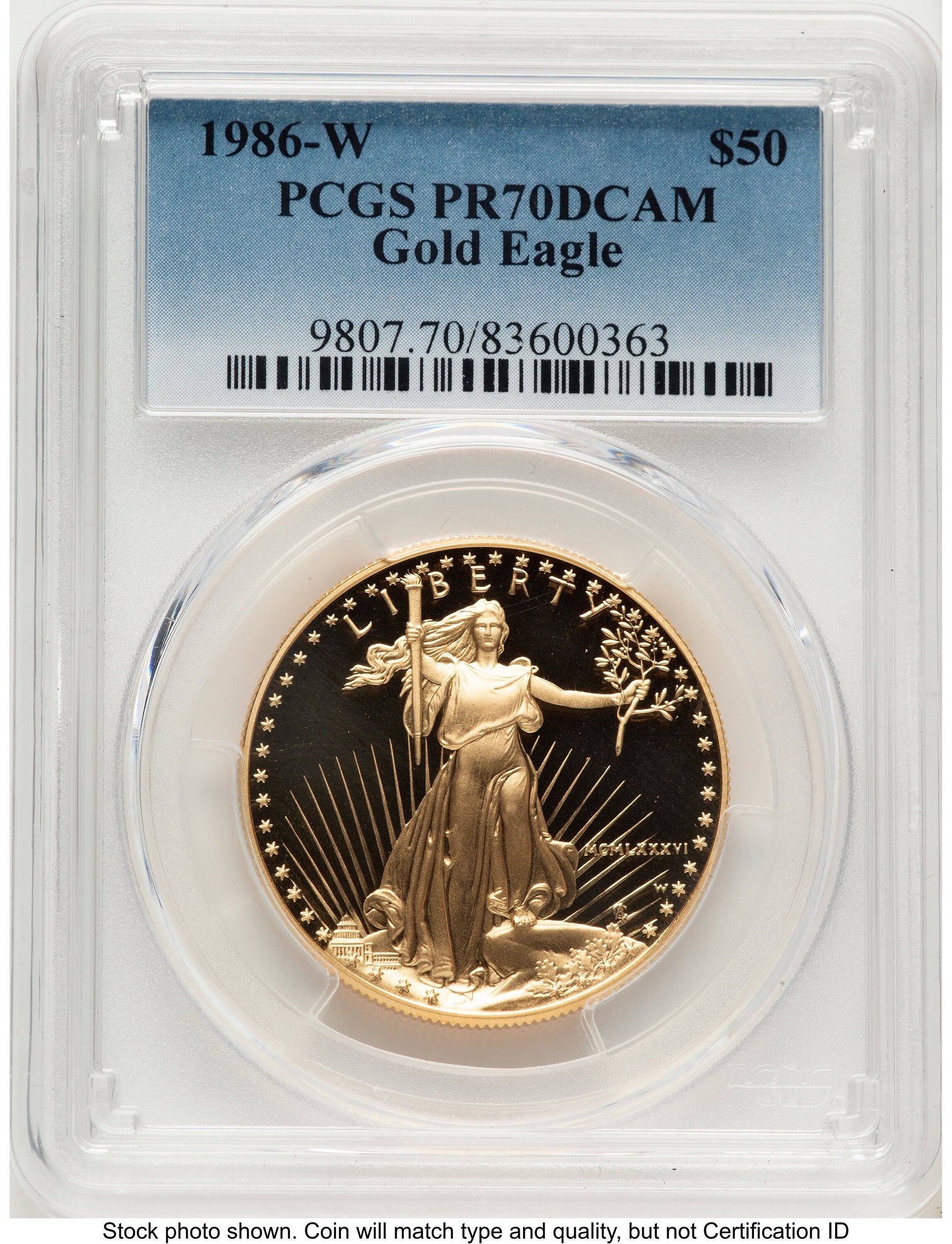 1986-W Proof Gold Eagle 1 oz Blue Gradient PCGS PR70