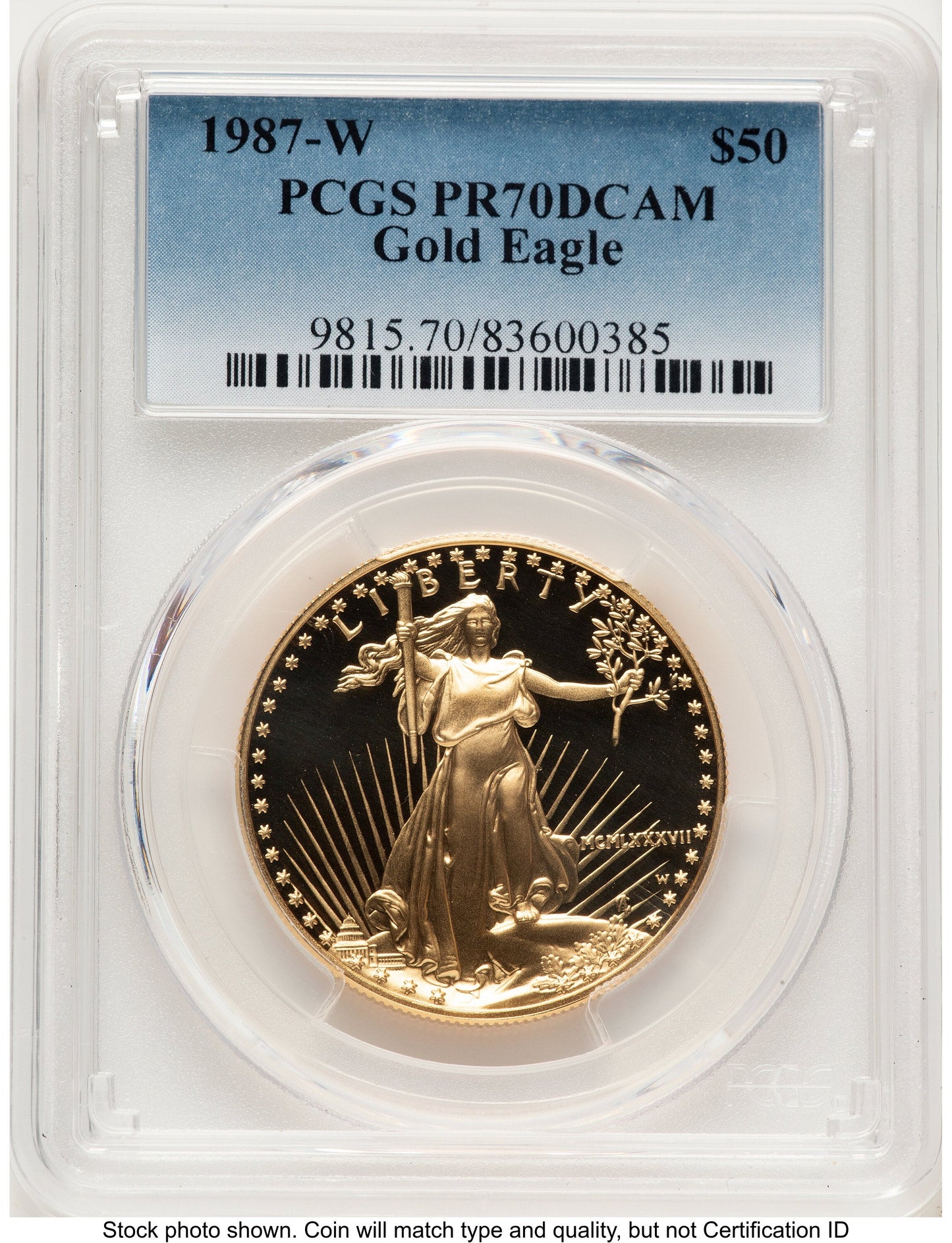 1987-W Proof Gold Eagle 1 oz Blue Gradient PCGS PR70
